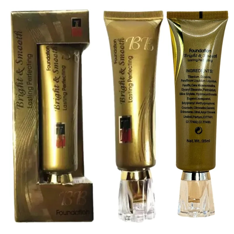 Gold cosmetic tubes and packaging with 'B&G' branding on a white background