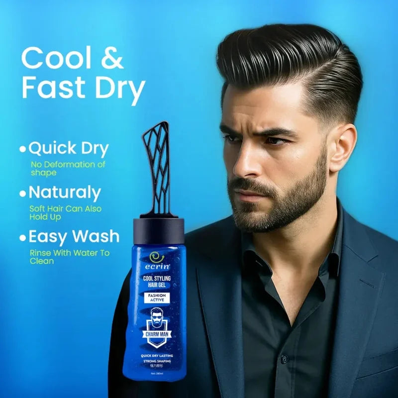Man with styled hair holding a blue hair product with text on a blue background