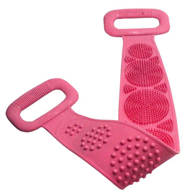 Two pink silicone scrubber tools with textured surface on a white background