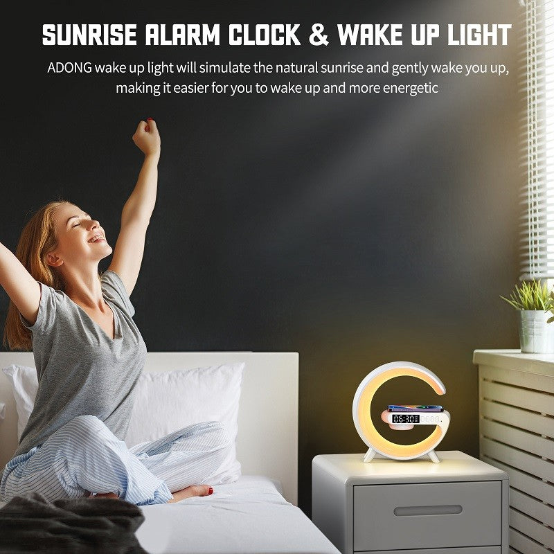 Woman waking up in a bedroom with a sunrise alarm clock and wake-up light on a nightstand.