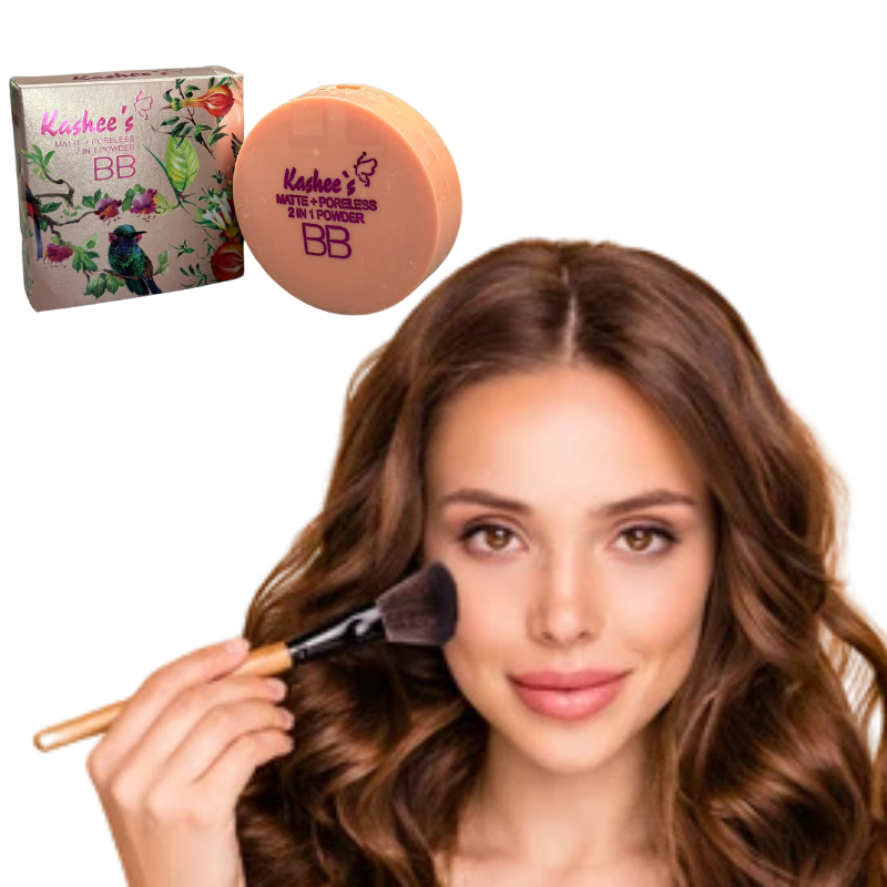Woman applying makeup with a brush, featuring Kashee's BB Cream packaging.
