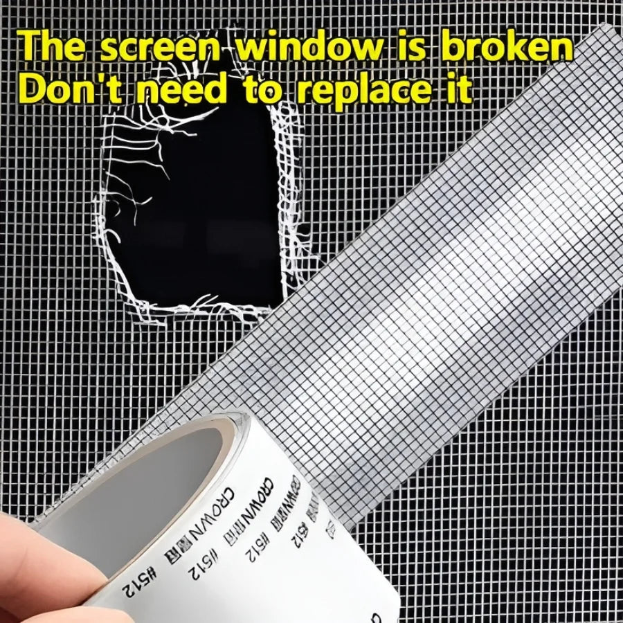 Mesh screen with a broken section and a roll of tape labeled 'GROHE' held over it.