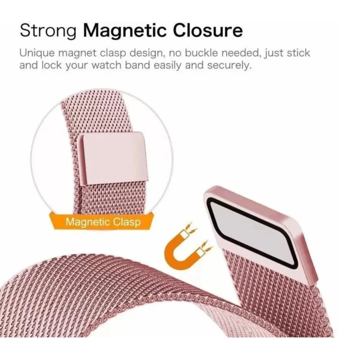 Rose gold watch band with magnetic clasp design on a white background