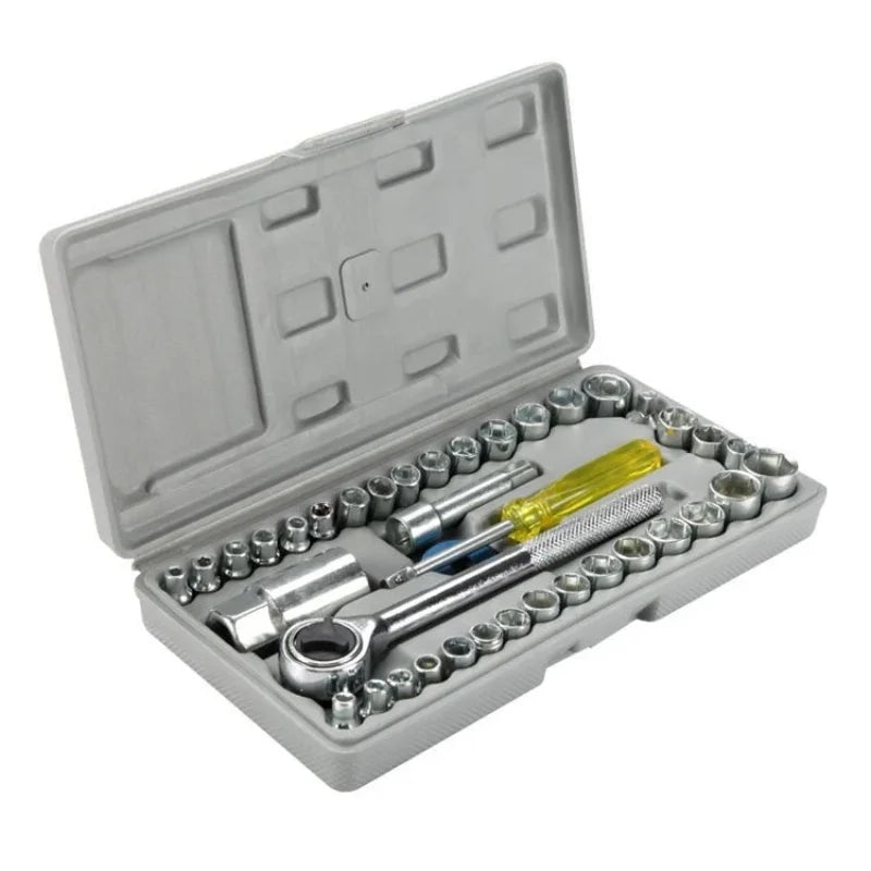 Open tool kit with various sockets and tools on a white background