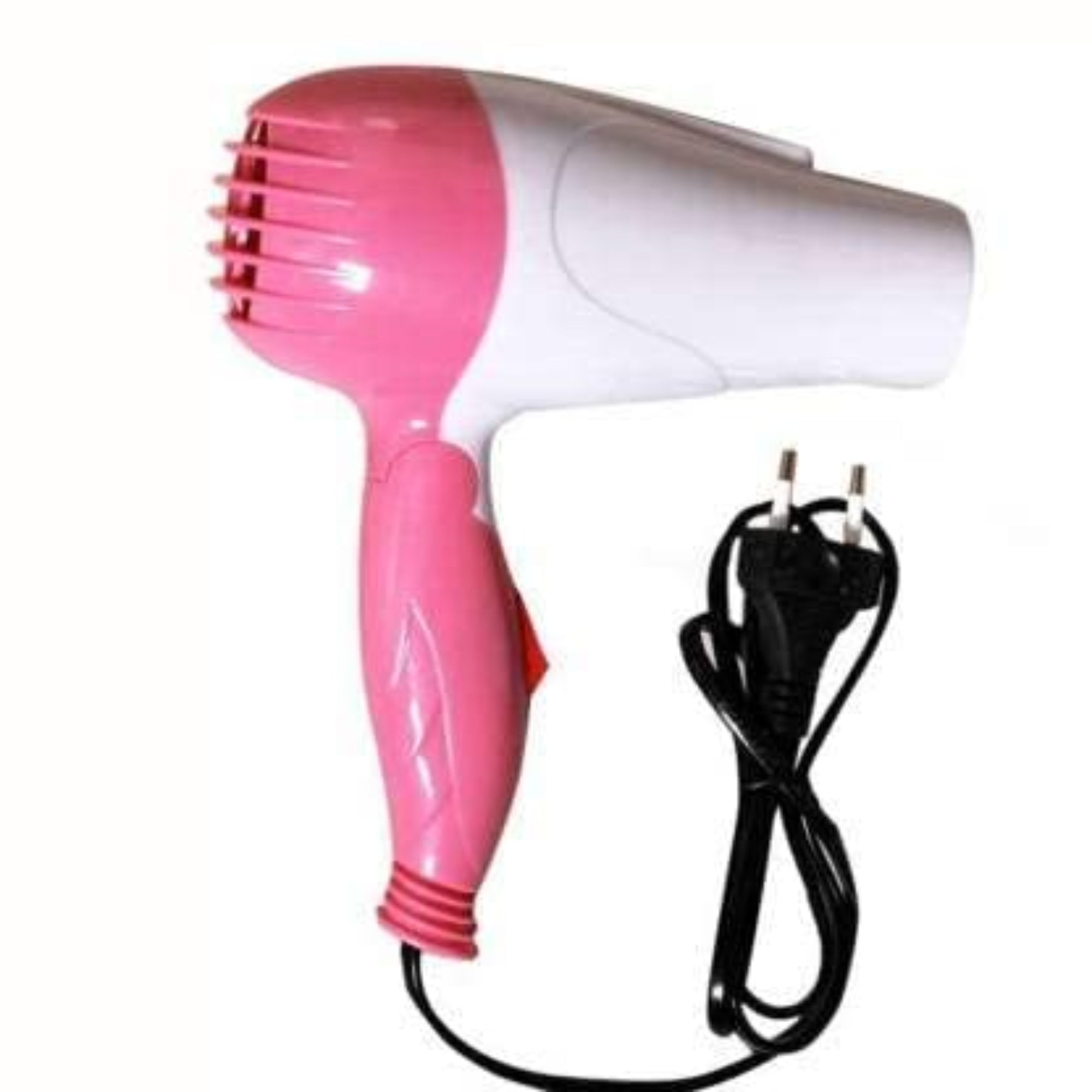 Pink and white hair dryer with black cord on a white background