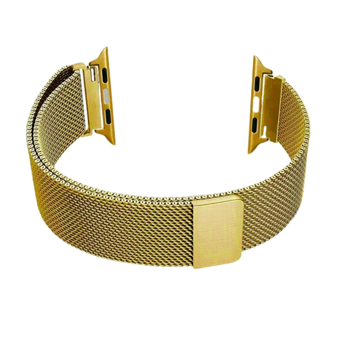 Gold mesh watch band on a white background