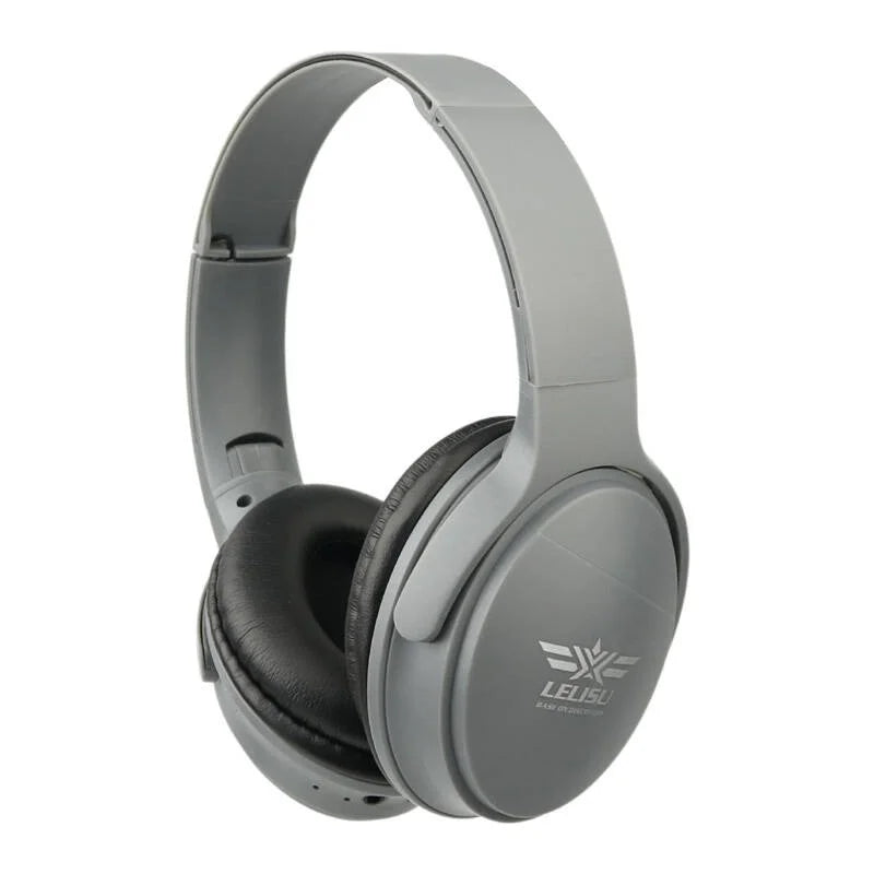 Gray headphones with a brand logo on a white background