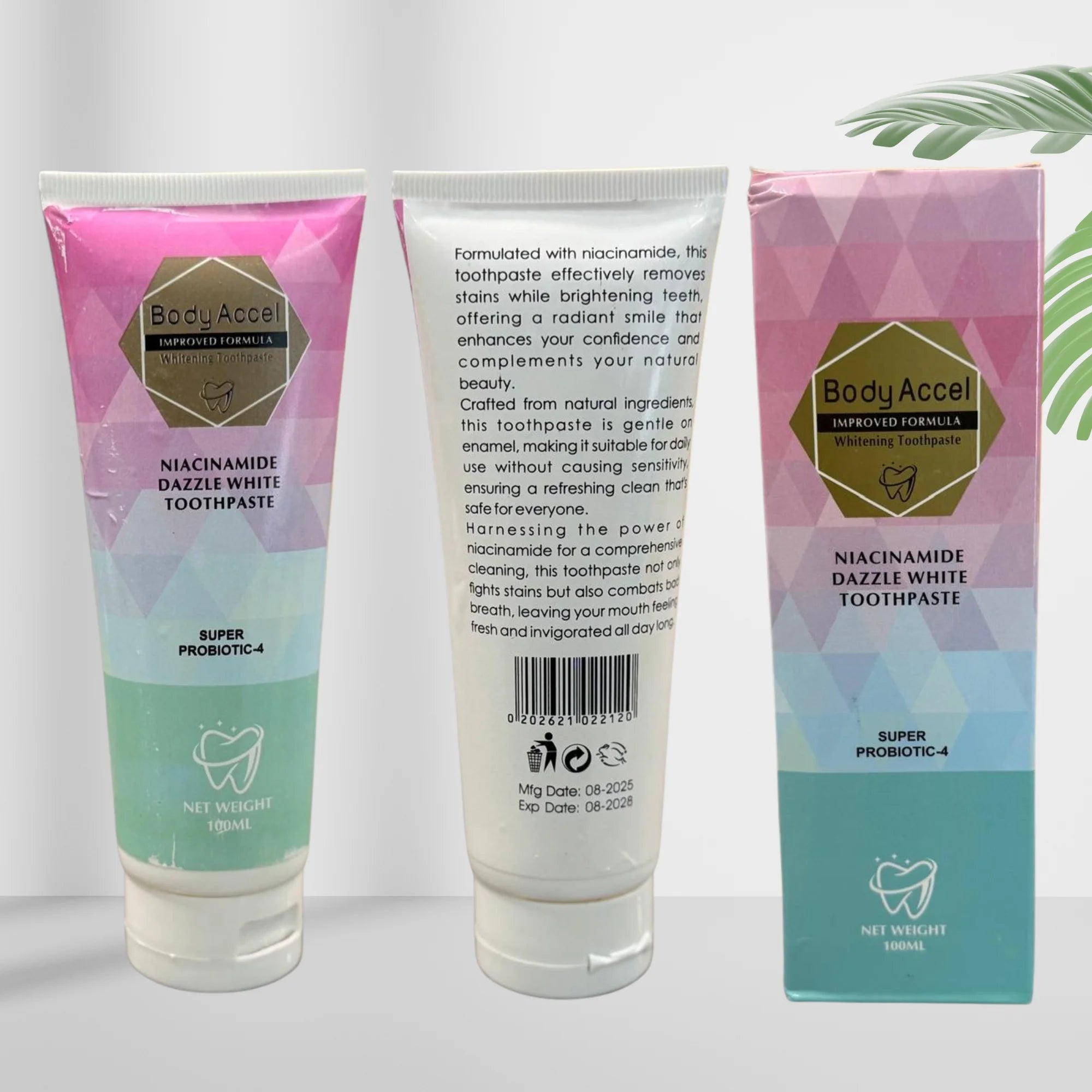 Body Accel Niacinamide Dazzle White Toothpaste with packaging on a white background