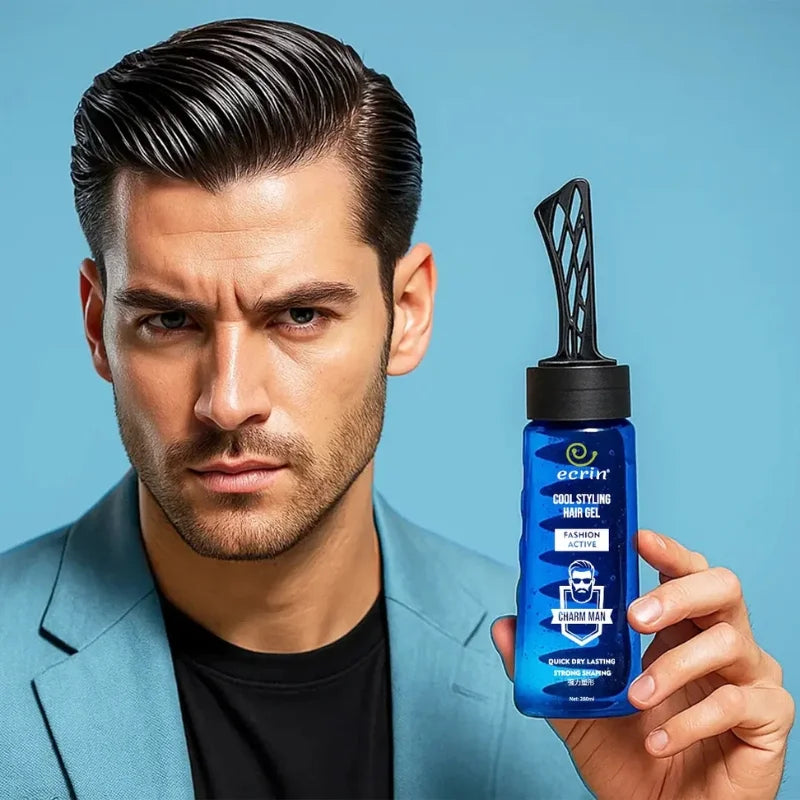 Man holding a blue bottle of grooming product against a blue background