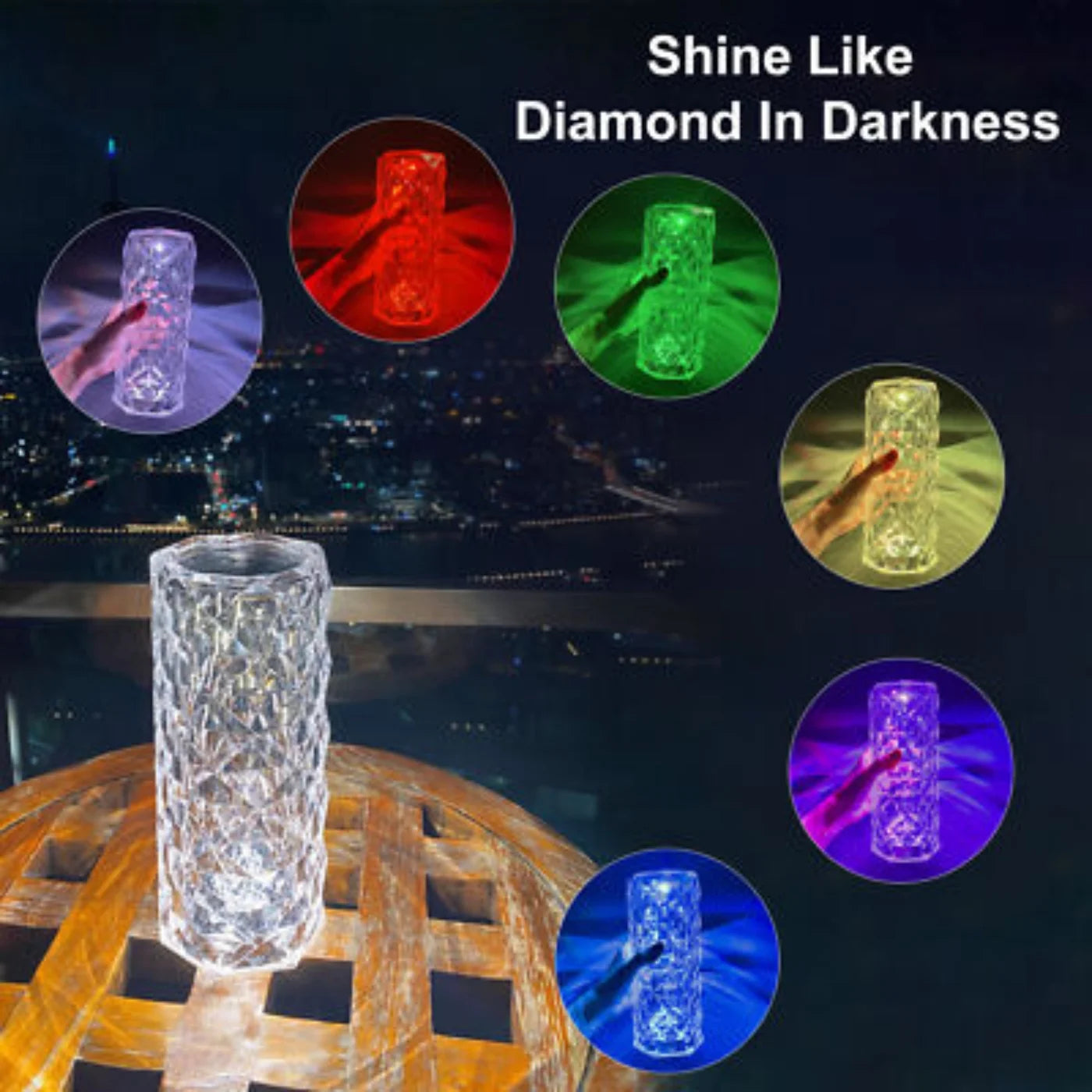 Clear LED candle on a table with color-changing lights displayed in circular insets.