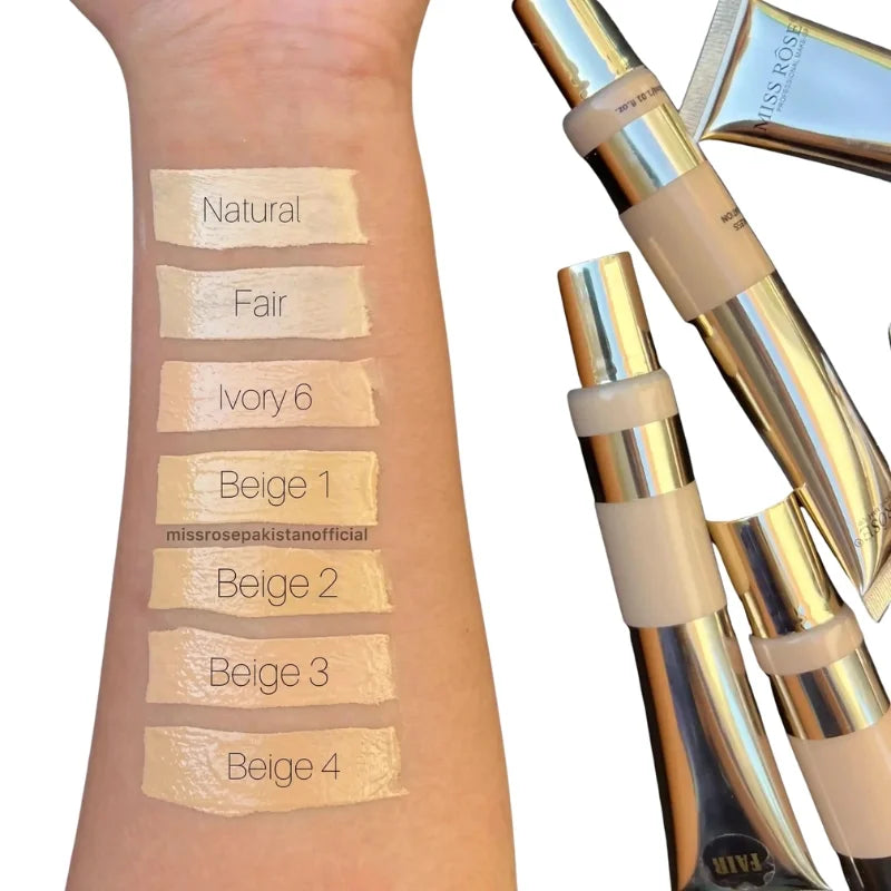 Makeup swatches on a arm with Miss Rose Pakistan foundation applicators.