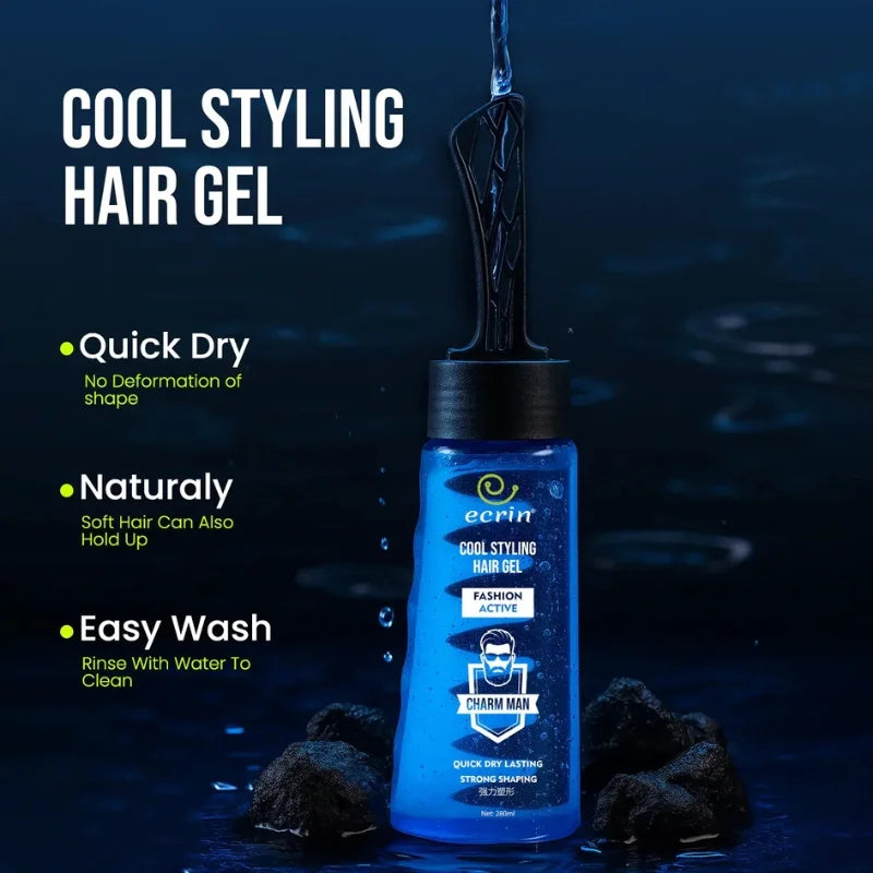Eeerin cool styling hair gel bottle with product features on a dark background