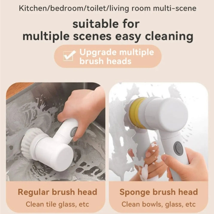 Cleaning tool with different brush heads for various cleaning tasks.