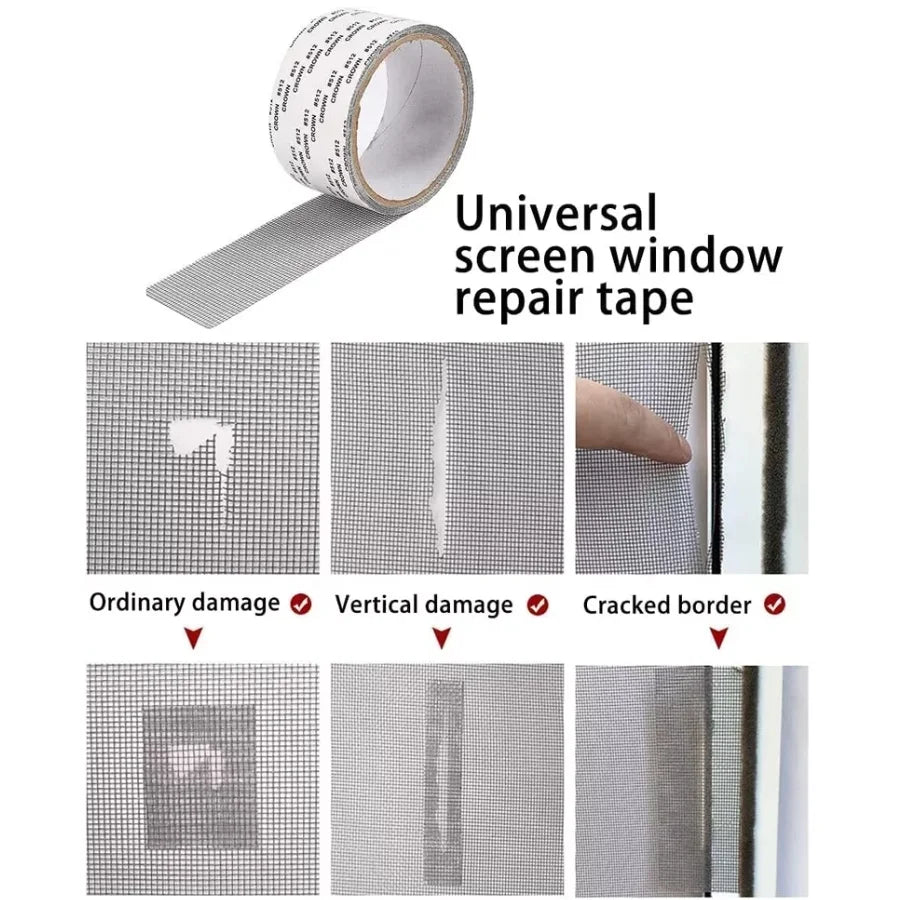 Universal screen window repair tape with examples of damage it can fix.