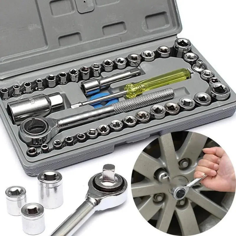 Mechanic tool set with ratchets and sockets in a gray case, with a close-up of a hand using a tool on a tire.