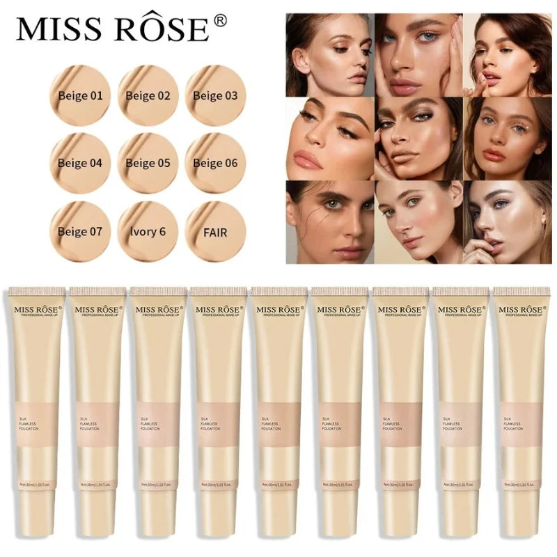 MISS ROSE foundation with color swatches and model images on a white background