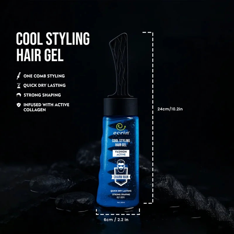 Blue hair gel bottle with text on a black background