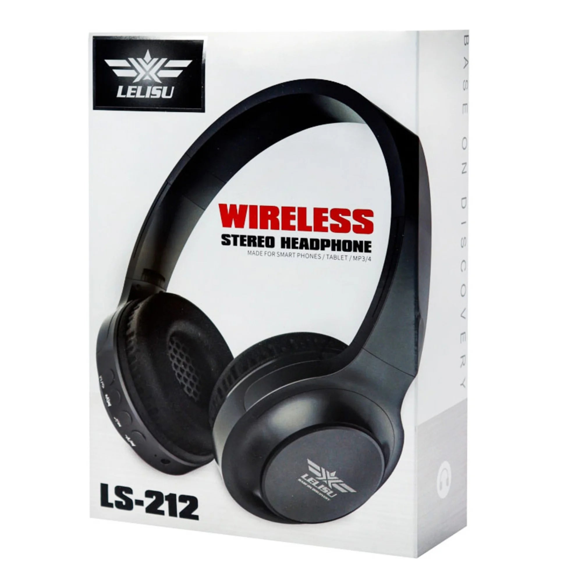 Box of LELISU wireless stereo headphones with black headphones on a white background