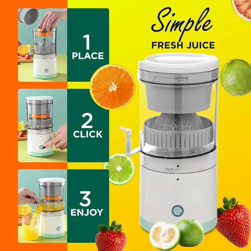 Juicer with images of fruits and text on a colorful background