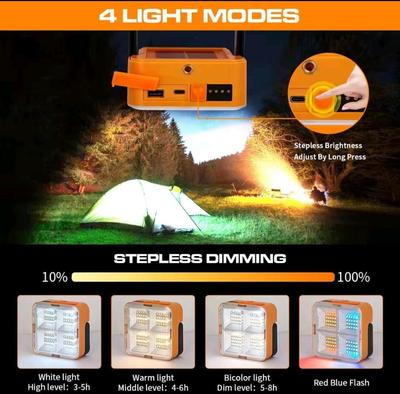 Solar-powered lantern with 4 light modes and stepless dimming on a dark background.