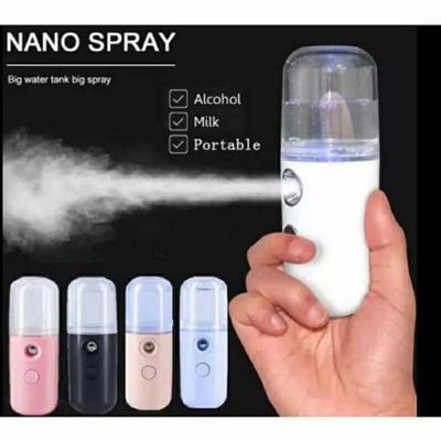 Nano spray device being held with mist being sprayed, surrounded by different color options.