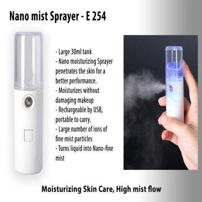 Nano mist sprayer with features listed on a gray background