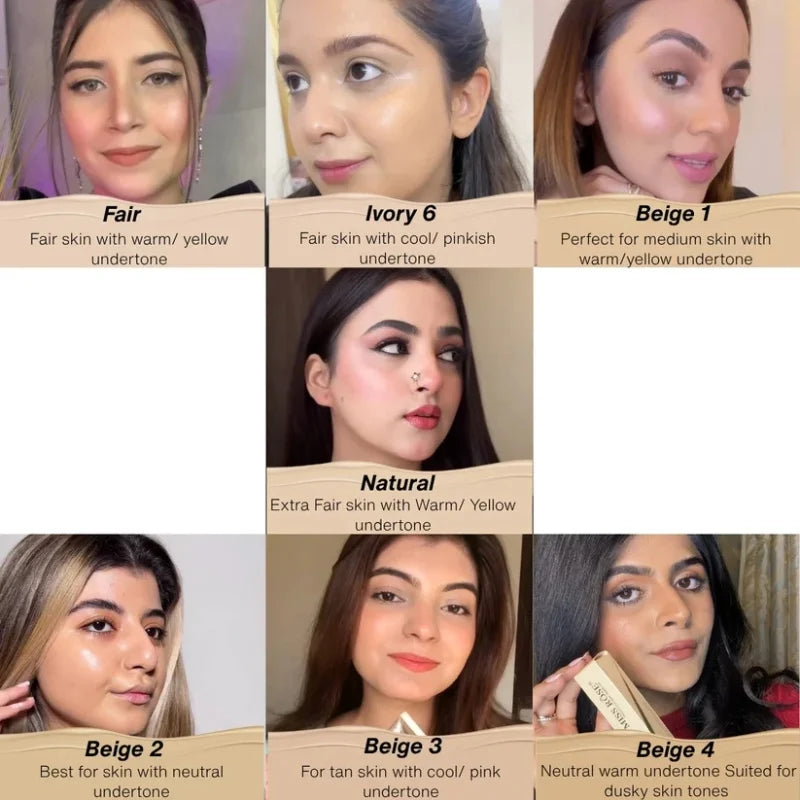 Collage of a woman with different foundation shades on her face, each labeled with a description.