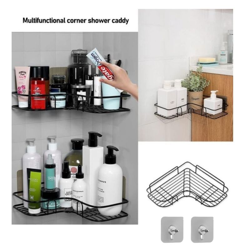 Multifunctional corner shower caddy with various bottles and a toothbrush, shown in different settings.