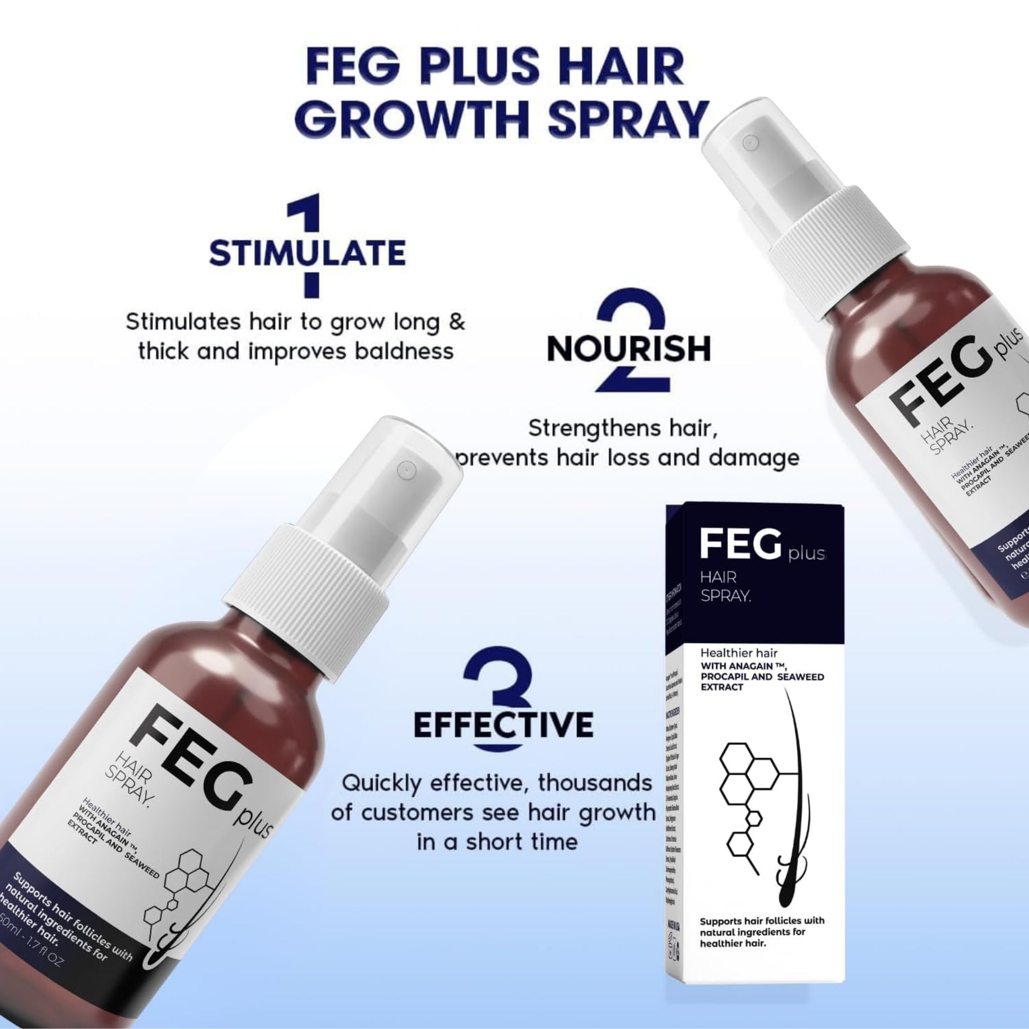 FEG Plus hair growth spray with text highlighting its benefits on a light blue background