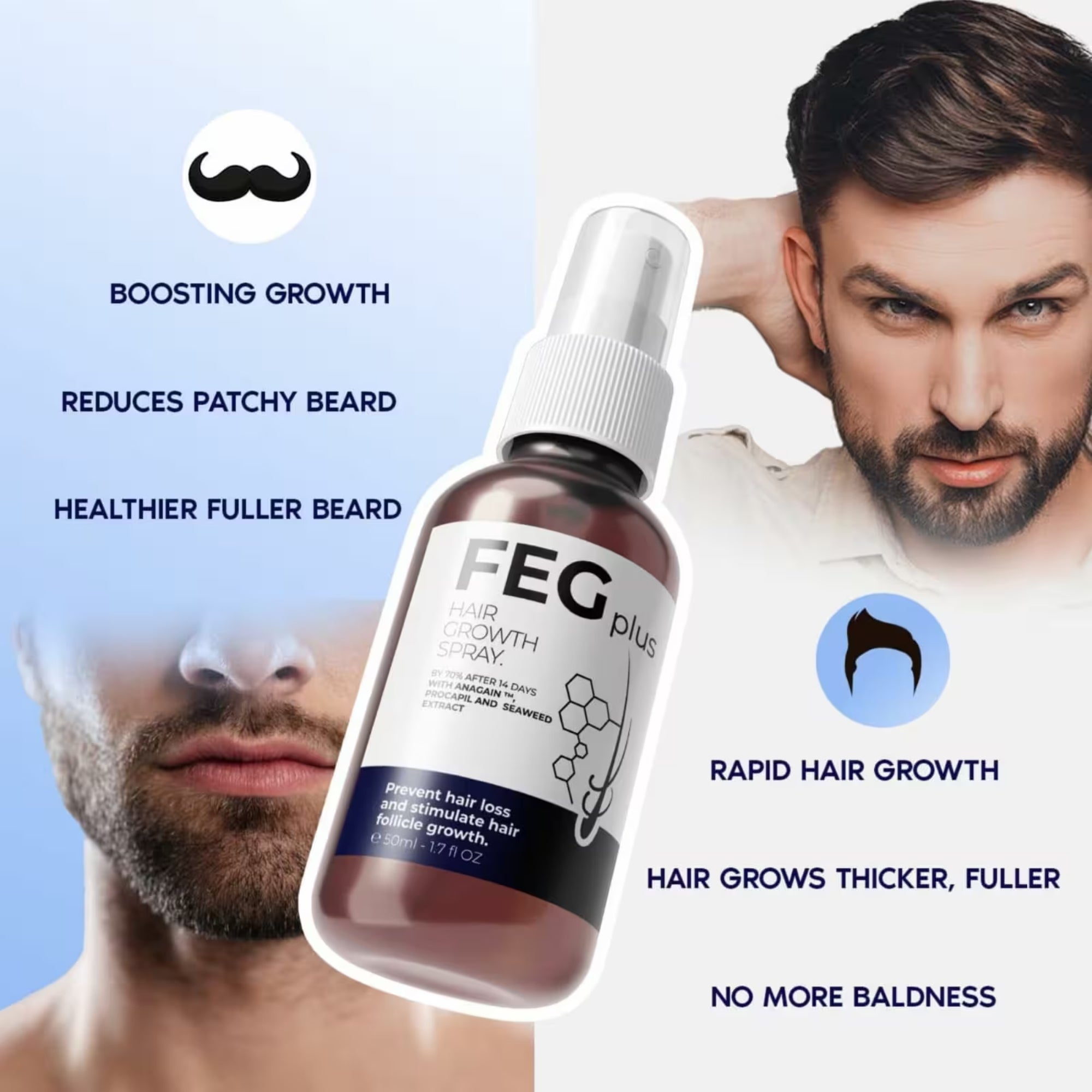FEG plus hair growth spray bottle with text highlighting benefits on a light blue background