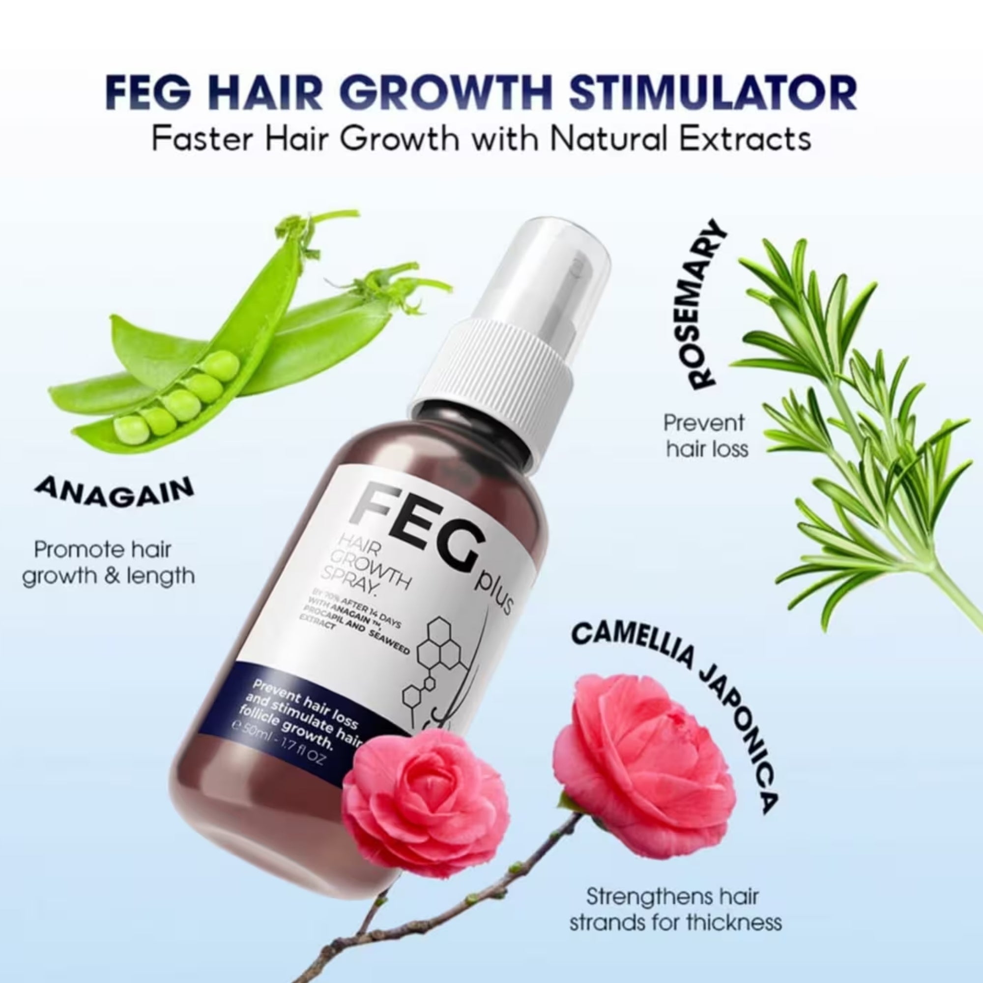 FEG Hair Growth Stimulator bottle with natural ingredients and flowers on a light blue background