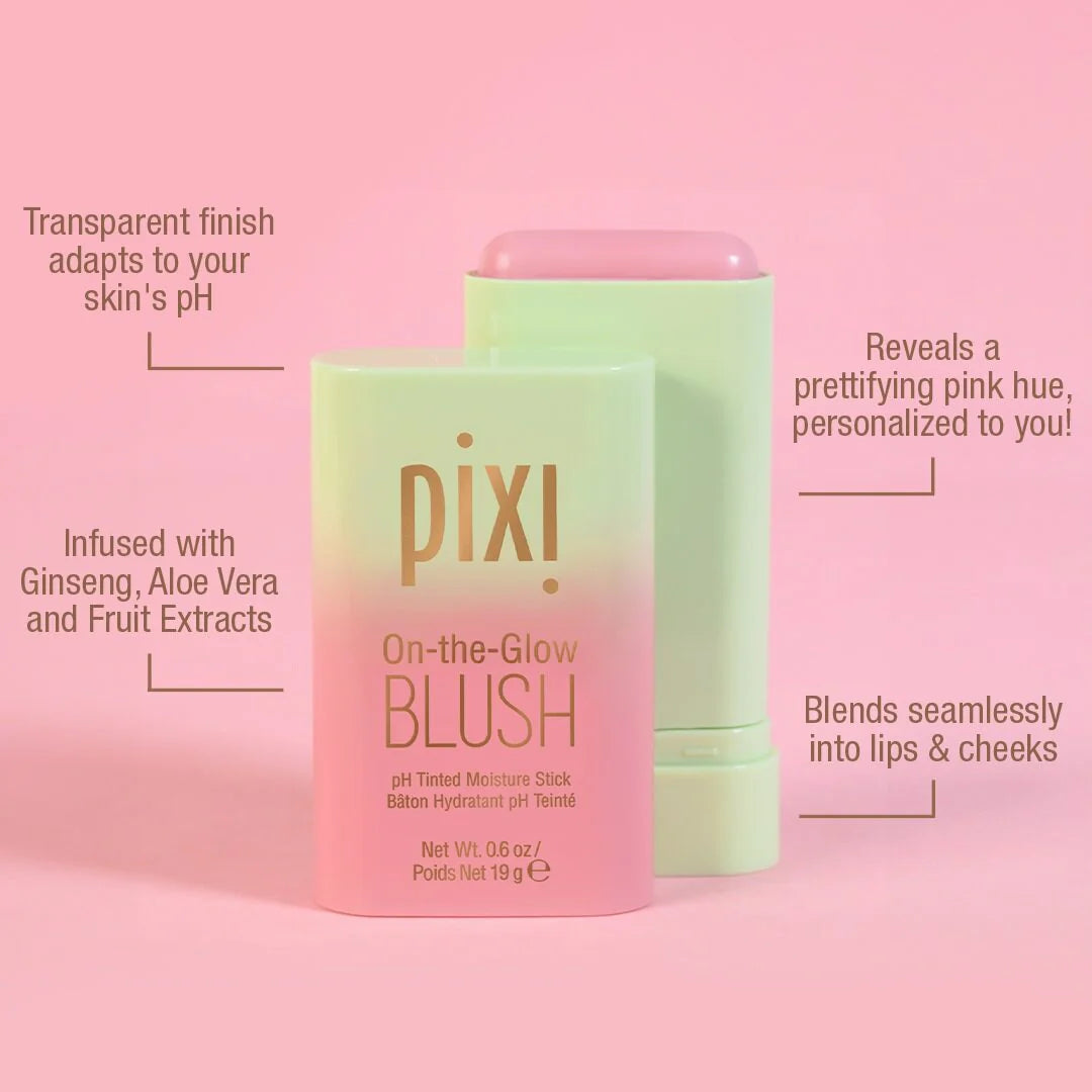 Pixi On-the-Glow Blush packaging on a pink background with product details.