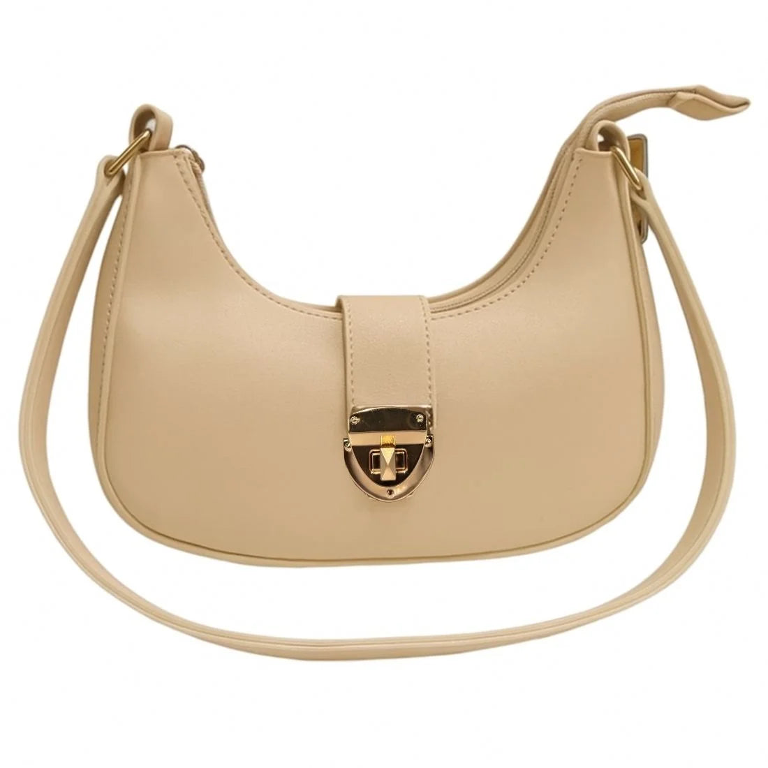 Beige handbag with a gold clasp on a white background