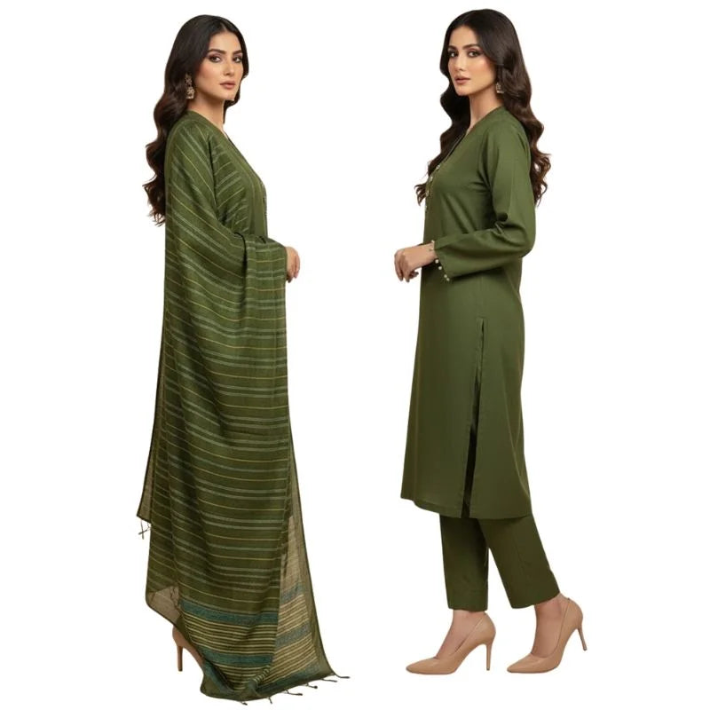 Winter Sussi Silk 3-Piece Suit for Women | Heavy Winter Sussi Shawl | Bottle Green