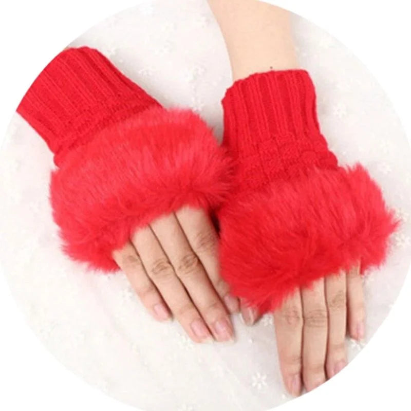 Women’s Faux Fur Fingerless Knitted Gloves | Warm Winter Hand Wrist Warmers | Red