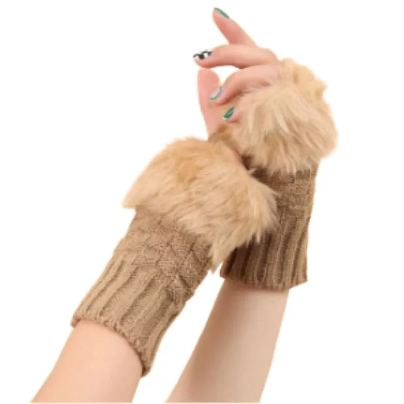 Women’s Faux Fur Fingerless Knitted Gloves | Warm Winter Hand Wrist Warmers | Beige