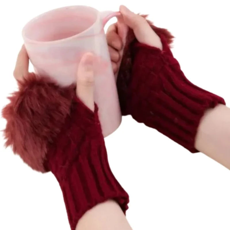 Women’s Faux Fur Fingerless Knitted Gloves | Warm Winter Hand Wrist Warmers | Maroon