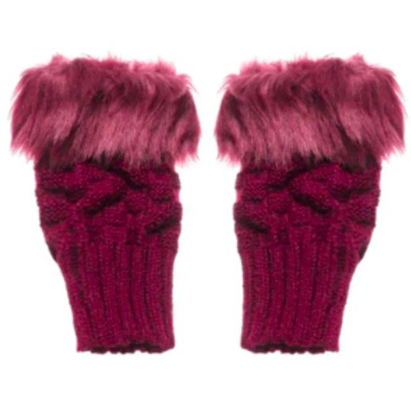 Women’s Faux Fur Fingerless Knitted Gloves | Warm Winter Hand Wrist Warmers | Maroon