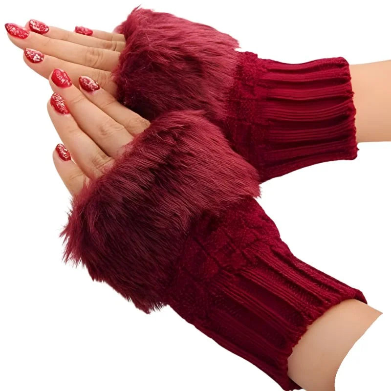 Women’s Faux Fur Fingerless Knitted Gloves | Warm Winter Hand Wrist Warmers | Maroon