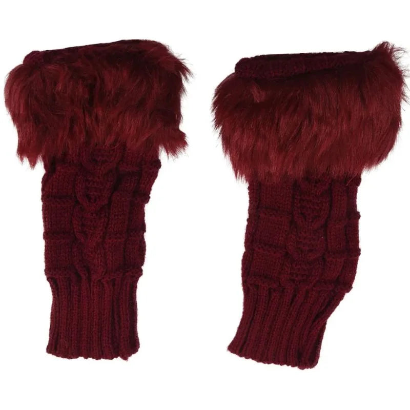 Women’s Faux Fur Fingerless Knitted Gloves | Warm Winter Hand Wrist Warmers | Maroon