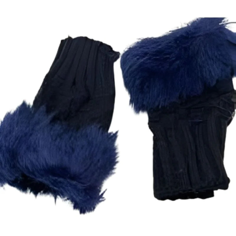 Women’s Faux Fur Fingerless Knitted Gloves | Warm Winter Hand Wrist Warmers | Blue