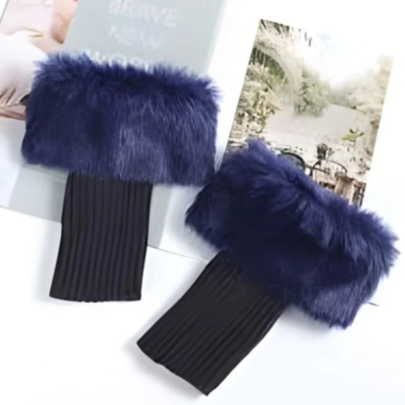 Women’s Faux Fur Fingerless Knitted Gloves | Warm Winter Hand Wrist Warmers | Blue