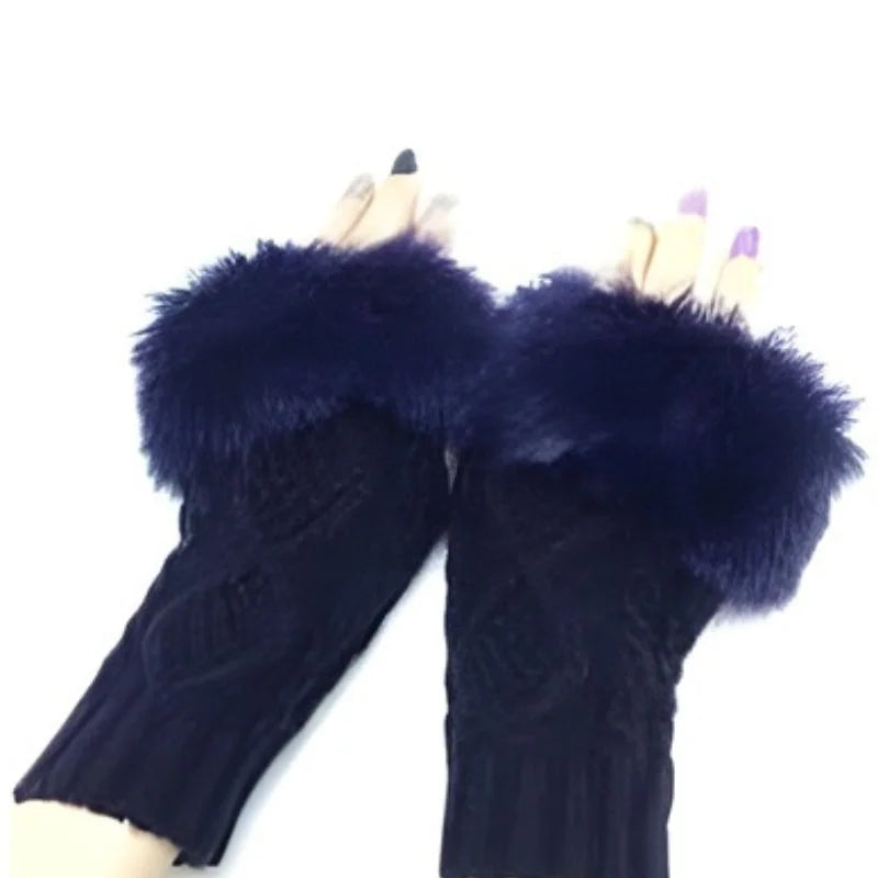 Women’s Faux Fur Fingerless Knitted Gloves | Warm Winter Hand Wrist Warmers | Blue