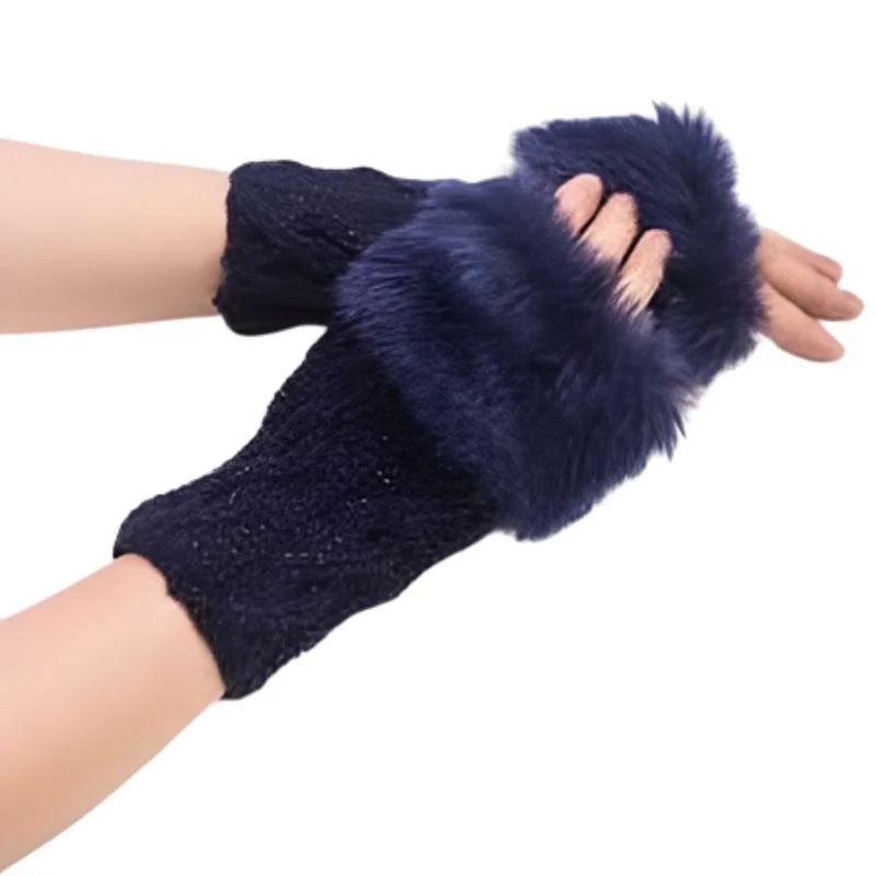 Women’s Faux Fur Fingerless Knitted Gloves | Warm Winter Hand Wrist Warmers | Blue