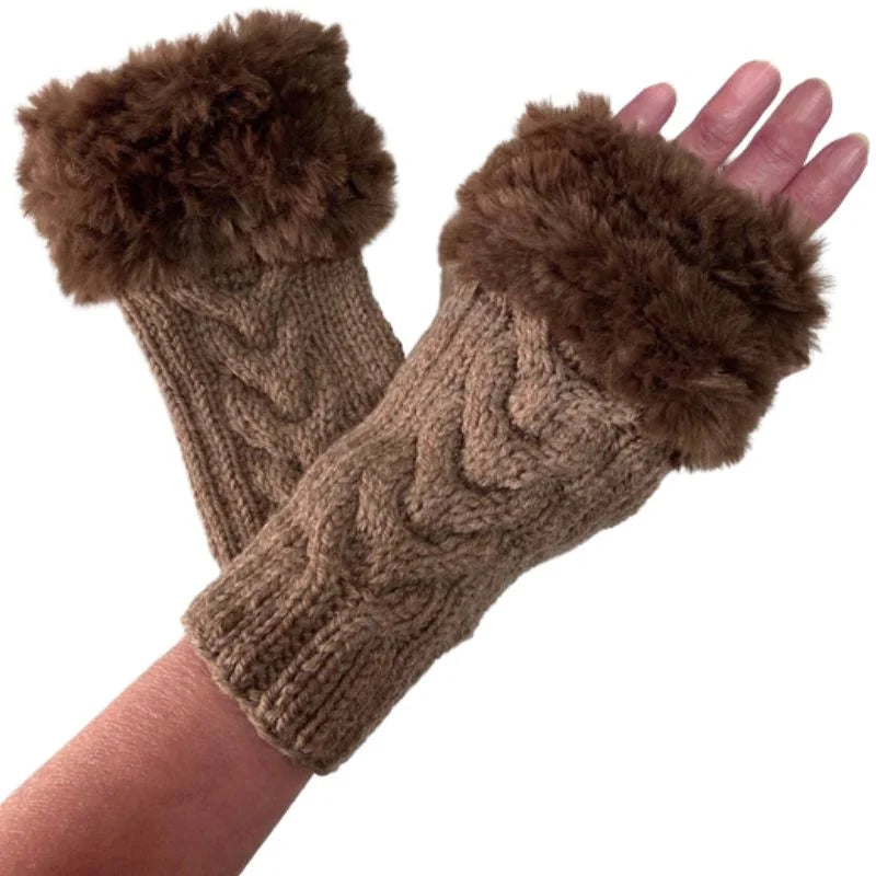 Women’s Faux Fur Fingerless Knitted Gloves | Warm Winter Hand Wrist Warmers | Brown