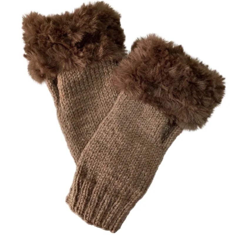 Women’s Faux Fur Fingerless Knitted Gloves | Warm Winter Hand Wrist Warmers | Brown