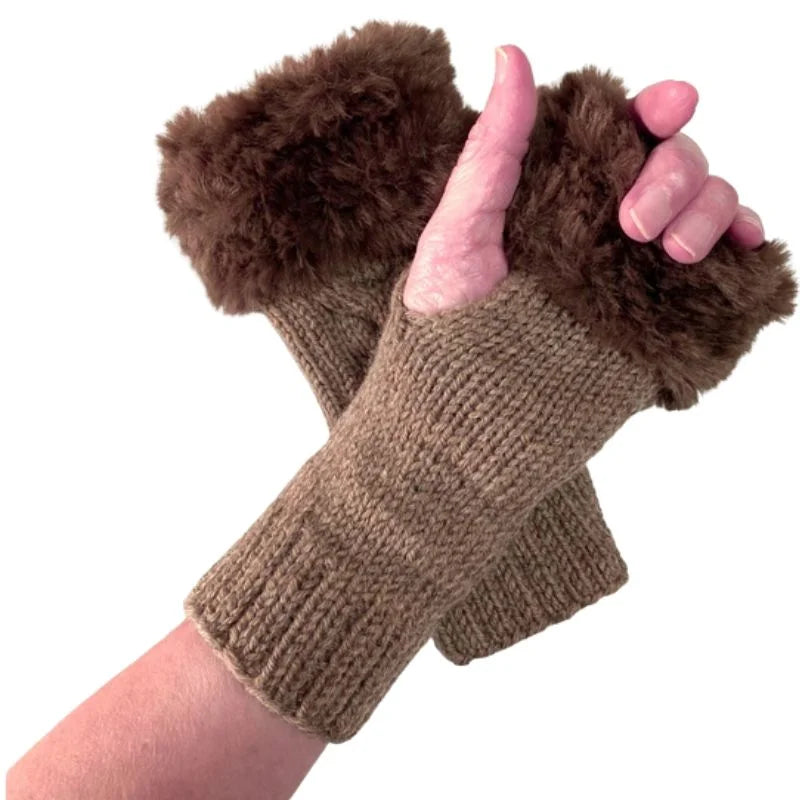 Women’s Faux Fur Fingerless Knitted Gloves | Warm Winter Hand Wrist Warmers | Brown