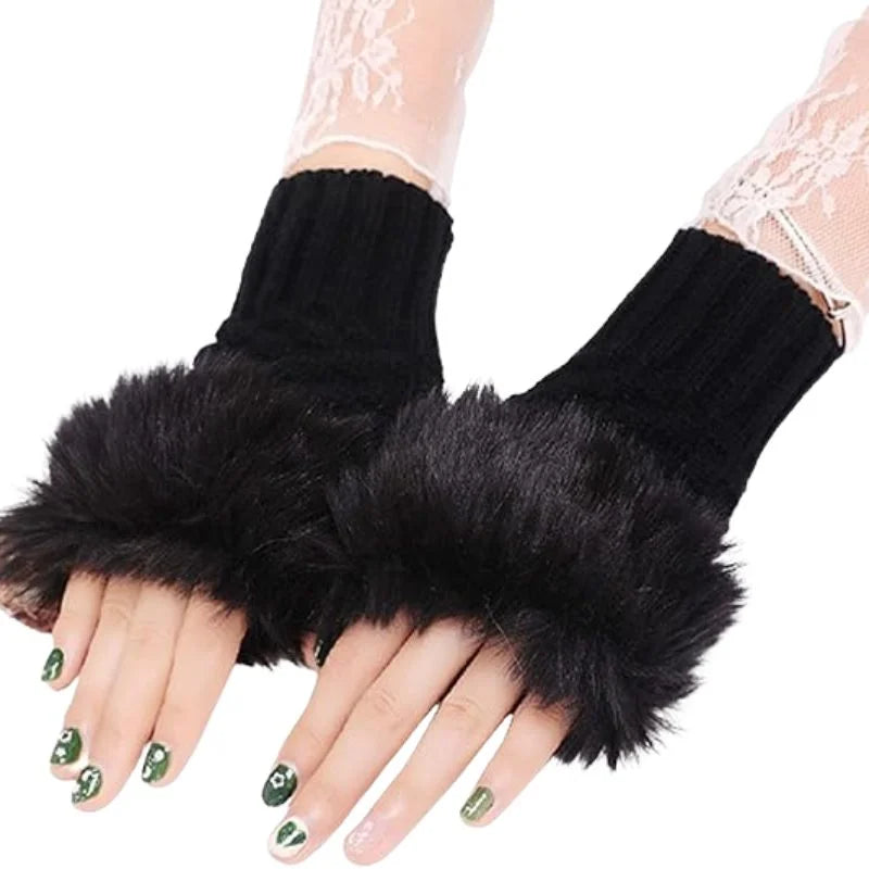 Women’s Faux Fur Fingerless Knitted Gloves | Warm Winter Hand Wrist Warmers | Black
