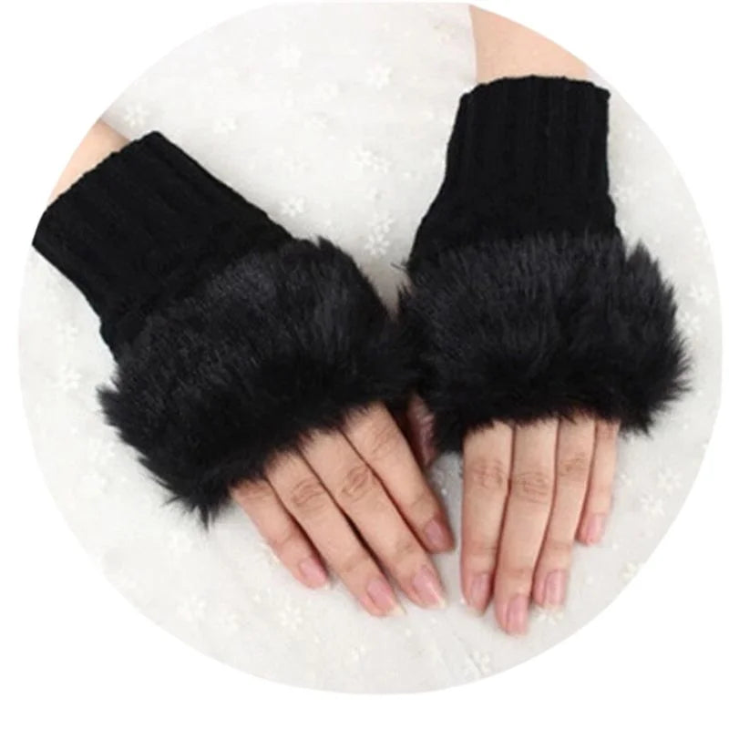 Women’s Faux Fur Fingerless Knitted Gloves | Warm Winter Hand Wrist Warmers | Black