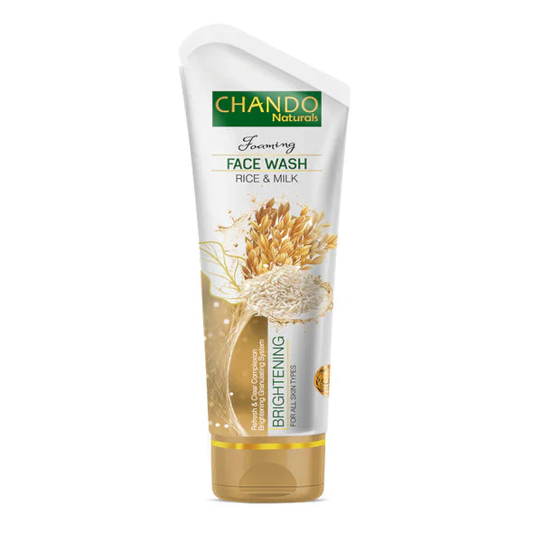 Chando Naturals Foaming Face Wash tube with rice and milk ingredients on a white background